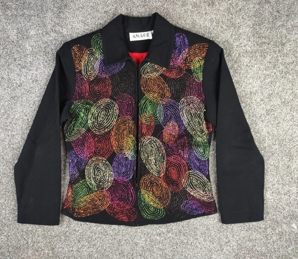 Anage Jacket Women Small Black Colorful Blazer Beaded Spiral Foil Ribbons Artsy